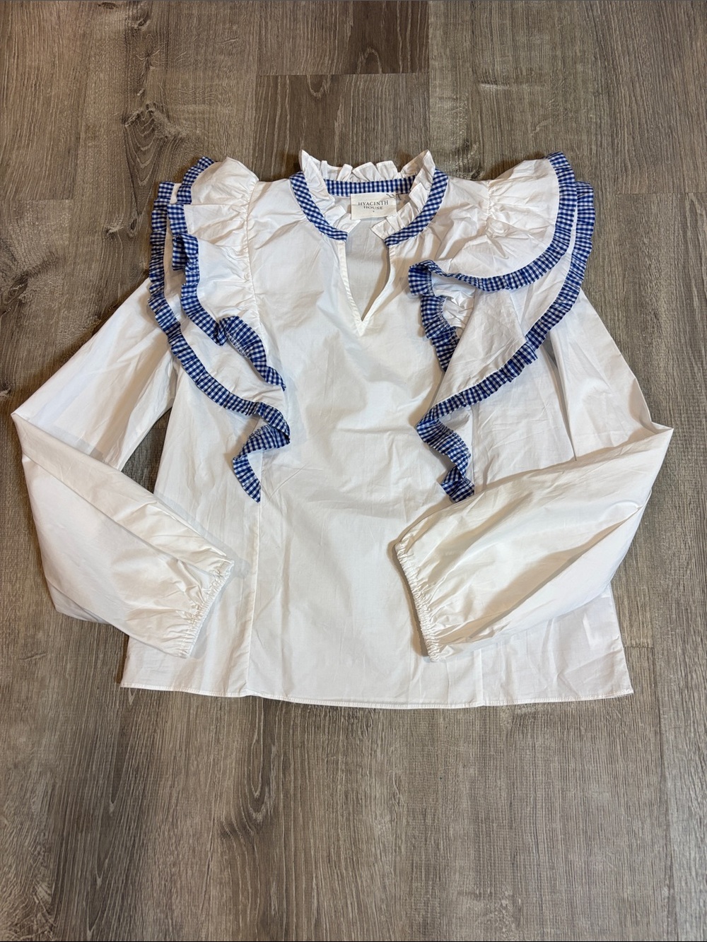 Hyacinth House White Blouse with Blue Gingham Ruffle Trim